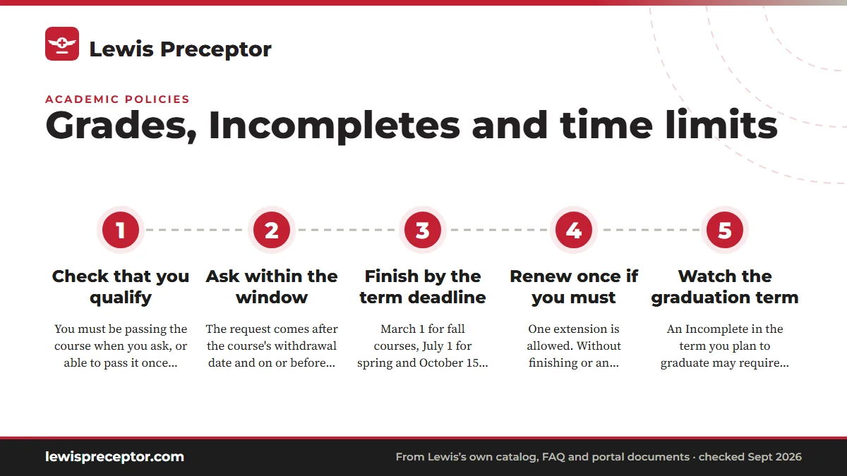 Numbered steps. How an Incomplete works: 1 Check that you qualify; 2 Ask within the window; 3 Finish by the term deadline; 4 Renew once if you must; 5 Watch the graduation term.