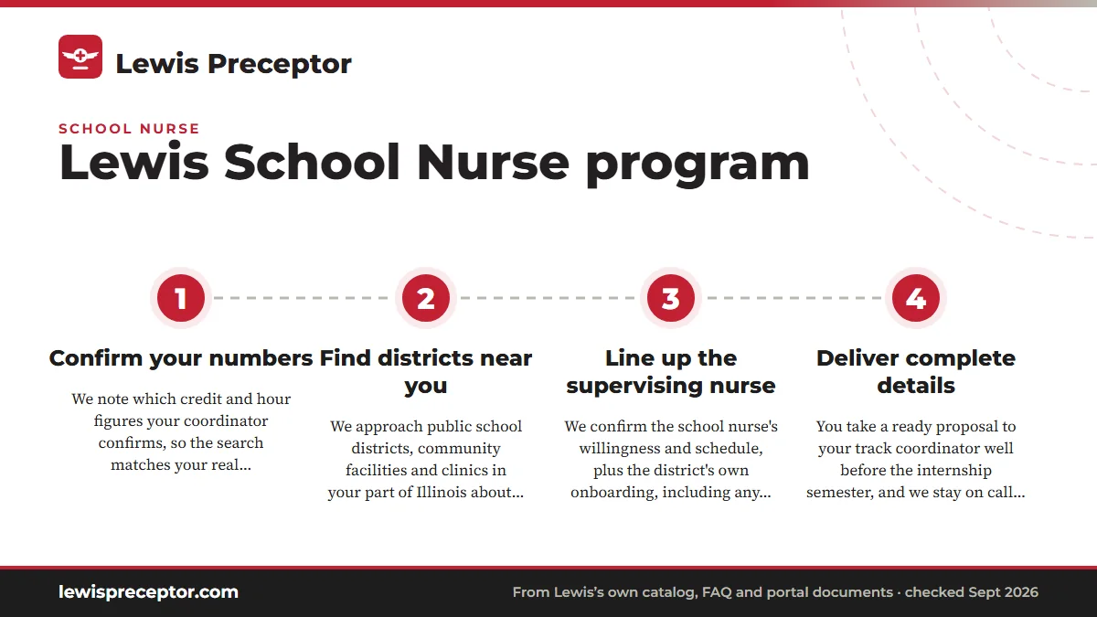 Numbered steps. How we help School Nurse students: 1 Confirm your numbers; 2 Find districts near you; 3 Line up the supervising nurse; 4 Deliver complete details.